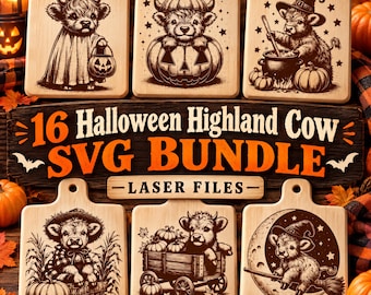 Halloween SVG Bundle, Highland Cow Cute Laser Engraving Files, 16 Fall Designs for Wood Charcuterie & Cutting Board