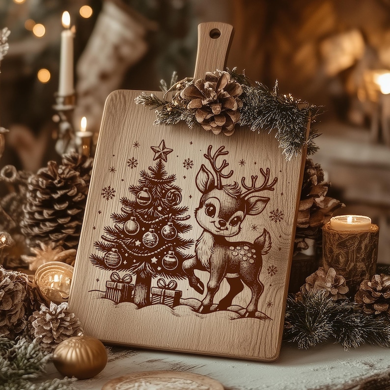 May include: Wooden cutting board with a handle, featuring a Christmas tree and a deer illustration. The board is decorated with pine cones and greenery. The design is etched in brown on the light-colored wood. The board is surrounded by candles and ornaments.