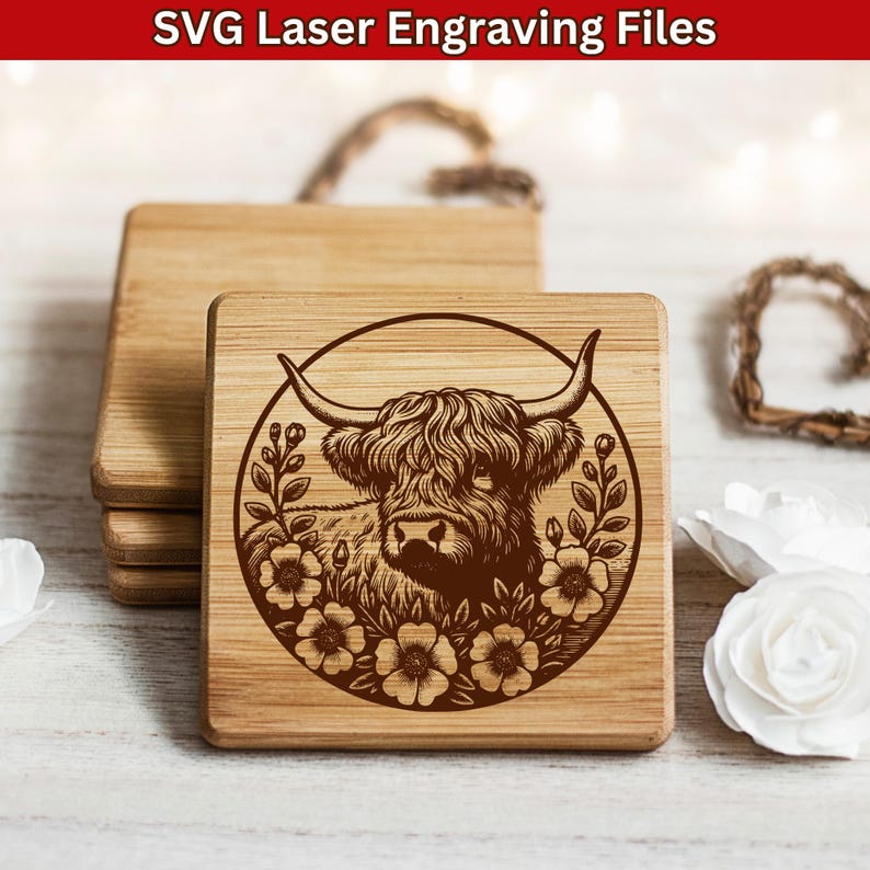 Laser cut files, Cutting board SVG, Laser engraving file, glowforge xtool, charcuterie board, cheese board svg, highland cow svg, baby cow vector file, highland cow design, floral cow laser, engrave file svg, svg bundle, kitchen decor svg