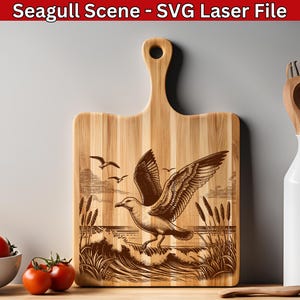 File laser SVG Gabbiano Uccello Gabbiano, Scena Oceano SVG, File incisione laser onda mare costiera, Vettore nautico per tagliere in legno Svg