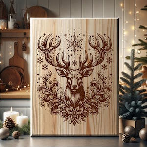 May include: Wooden rectangular sign featuring a detailed brown illustration of a deer head with large antlers, surrounded by floral and snowflake designs. The artwork is set against a light-colored wood grain background, creating a rustic and festive aesthetic. Ideal for holiday decor.