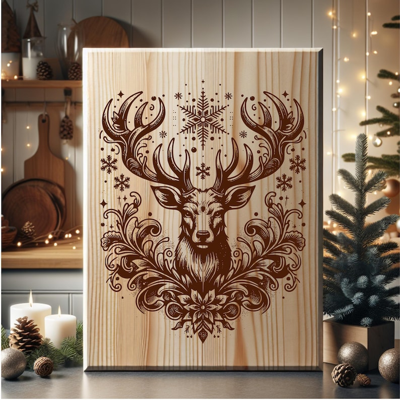 May include: Wooden rectangular sign featuring a detailed brown illustration of a deer head with large antlers, surrounded by floral and snowflake designs. The artwork is set against a light-colored wood grain background, creating a rustic and festive aesthetic. Ideal for holiday decor.