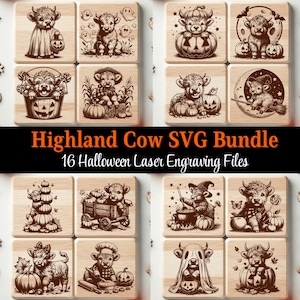 Può includere: Una collezione di 16 file di incisione laser a tema Halloween con mucche delle Highlands. Ogni design quadrato mostra una diversa illustrazione di mucca con zucche, fantasmi e altri elementi spettrali. Il testo "Highland Cow SVG Bundle" è visualizzato.