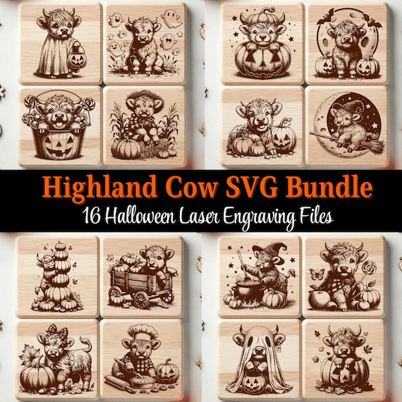 Highland Cow Halloween SVG Bundle, Cute Laser Engraving Files, 16 Fall Designs for Wood Charcuterie & Cutting Board