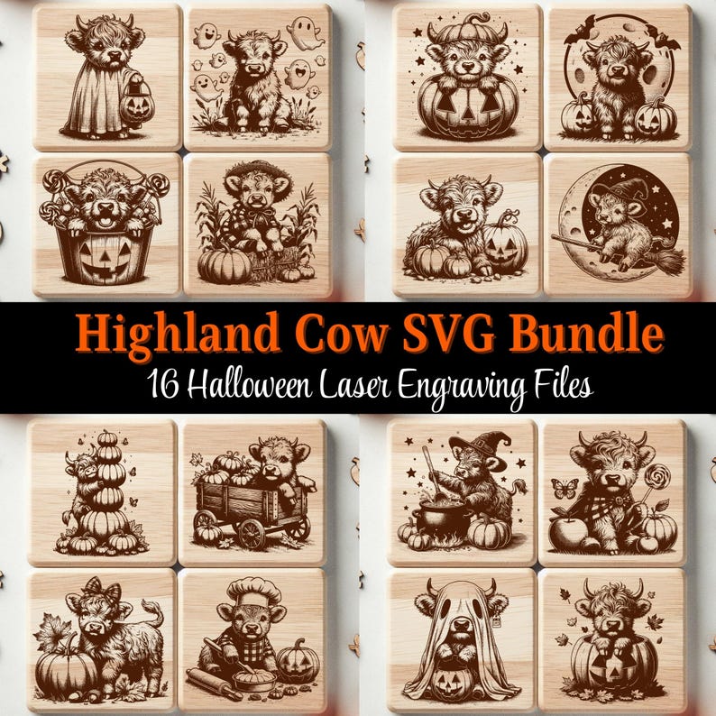 Highland Cow Halloween SVG Bundle, Cute Laser Engraving Files, 16 Fall Designs for Wood Charcuterie & Cutting Board