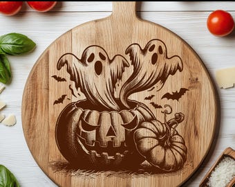 May include: Wooden cutting board with a laser-engraved Halloween design. The design features a carved pumpkin with two ghosts emerging, surrounded by bats. The text "SVG - Laser Engraving File" is at the top.