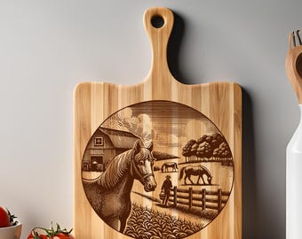 Fichier de gravure laser SVG cheval, conception de la vie à la ferme pour planche à découper Svg, fichier laser cheval pour planche de charcuterie, sous-verres en bois