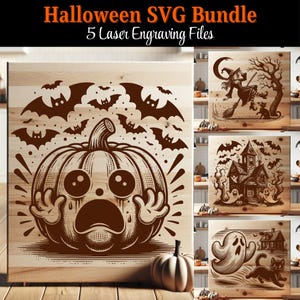 May include: A Halloween SVG bundle featuring five laser engraving files. The designs include a crying pumpkin with bats, a witch on a broom, a haunted house, and a ghost with a cat. The images are in brown tones on a wooden background.