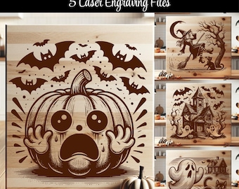May include: A Halloween SVG bundle featuring five laser engraving files. The designs include a crying pumpkin with bats, a witch on a broom, a haunted house, and a ghost with a cat. The images are in brown tones on a wooden background.