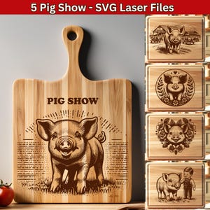 Puede incluir: Una tabla de cortar de madera con el texto "Pig Show" grabado en ella. La tabla presenta cinco diseños diferentes de cerdos, incluyendo un cerdo con una corona, un cerdo con un corazón y un cerdo con una flor.