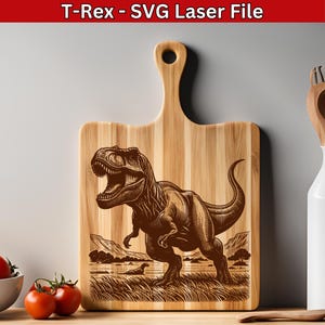 Archivo SVG de dinosaurio, archivos láser TRex, archivo de grabado láser de dinosaurio, archivo vectorial de grabado para madera, diseño SVG de tabla de cortar