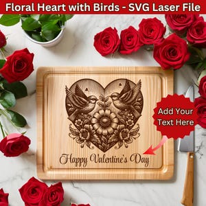Coração com pássaros SVG Arquivos a laser, Dia dos Namorados SVG, Design de nome de casal para tábua de corte Svg, Presente personalizado Svg, Arquivo de gravação a laser de coração