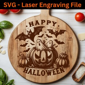 May include: Wooden Halloween-themed cutting board with laser-engraved design. Features bats, ghosts, and pumpkins, with the words "HAPPY HALLOWEEN". The board has a handle and is round. The text "SVG - Laser Engraving File" is at the top.