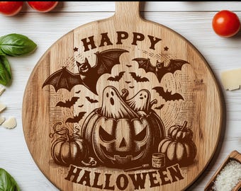 Halloween SVG File, Laser Engraving Bat & Ghost in a Pumpkin, Spooky Design for Cutting Board