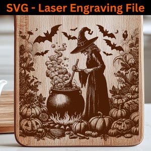 Archivo de grabado láser SVG de Halloween, archivo SVG de caldero, bruja, murciélago, calabaza, proyecto láser espeluznante, diseño de tabla de cortar para decoración