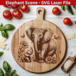 Schattige olifanten SVG-laserbestanden, olifant scène met dieren in het wild lasergravure-bestanden, vector graveren voor houten snijplank SVG