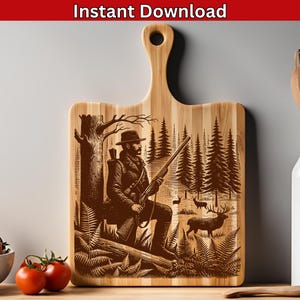 Jäger SVG Laser-Datei, Hirsch jagen Lasergravur-Datei für Holz, Jagd-Schneidebrett SVG Laser-Datei Sofort-Download Vektor-Design