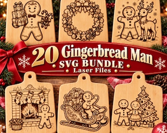 20 Gingerbread Man SVG Bundle, Laser Engraving Files, Christmas SVG & PNG Bundle, Charcuterie Cutting Board Gift, Wood Laser Files