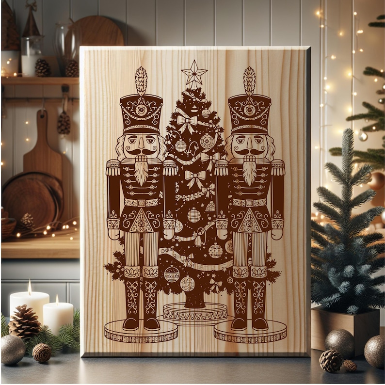 A wooden board with a detailed illustration of two nutcracker men standing in front of a Christmas tree, surrounded by ornaments and other holiday decorations.