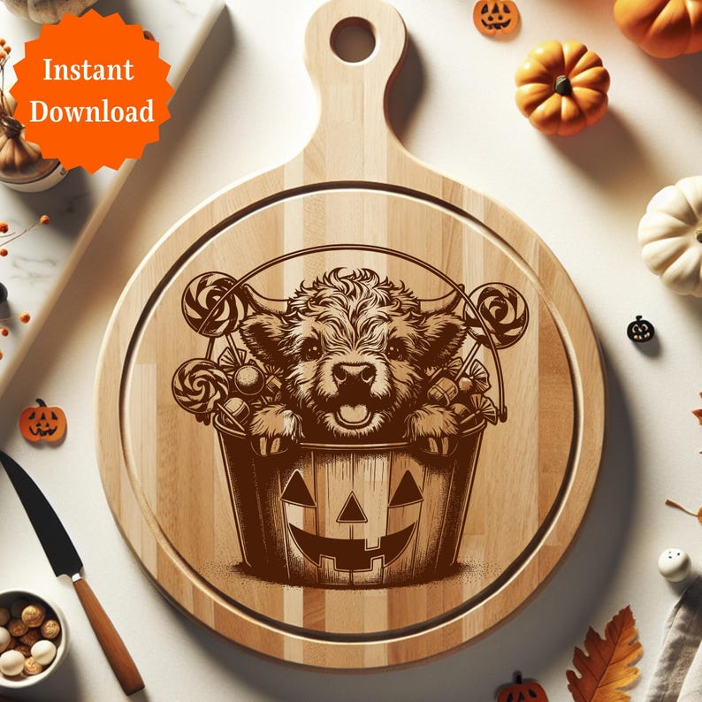 Pu&ograve; includere: Un tagliere rotondo in legno con manico, con un design di Halloween intagliato. Il design include una mucca in un secchio di jack-o'-lantern pieno di caramelle. Le parole "Download istantaneo" sono in una stella arancione.