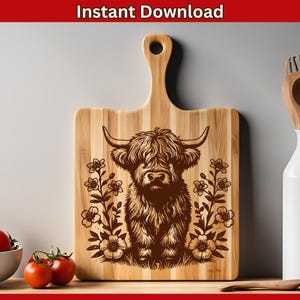 Laser cut files, Cutting board SVG, Laser engraving file, glowforge xtool, charcuterie board, cheese board svg, highland cow svg, baby cow vector file, highland cow design, floral cow laser, engrave file svg, svg bundle, kitchen decor svg
