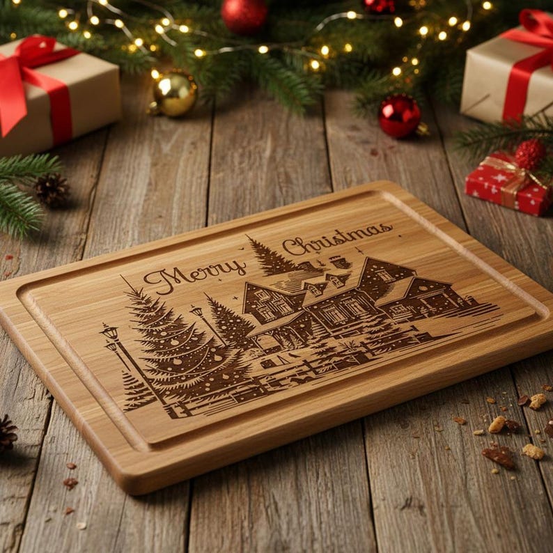 Christmas Village SVG Laser File, Merry Christmas SVG, Engraving Design for Cutting Board, Winter Christmas Scene, Kitchen Decor Gift image 4