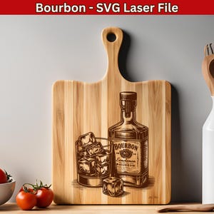 Bourbonfles en glas SVG-laserbestand Bourbon SVG voor snijplank gravure ontwerp, whiskyliefhebber graveer vector voor charcuteriebord