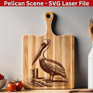 File laser SVG per uccelli acquatici pellicano, file SVG per scena oceanica, file per incisione laser di uccelli marini costieri, file vettoriale per incisione nautica per tagliere in legno SVG