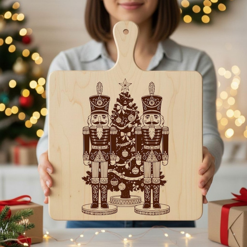 A woman is holding a wooden cutting board with a nutcracker and Christmas tree design on it.