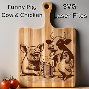 Fichiers laser SVG drôles vache poulet cochon, vin et bière Svg, animaux qui rit, gravure laser, vecteur de gravure pour planche à découper en bois conception SVG
