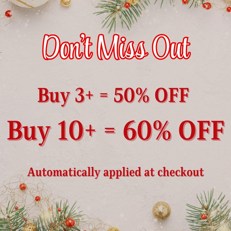 a promotional message for a sale, stating that if a customer purchases 3 or more items, they will receive a 50% discount. The message also mentions that if a customer purchases 10 or more items, they will receive a 60% discount. The text is written in a bold, red font and is displayed at the top of the image.
