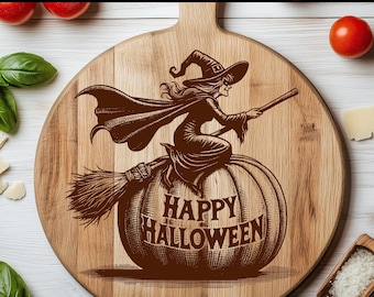 Halloweenhäxa och pumpa SVG-fil: Lasergraveringsdesign för skärbräda