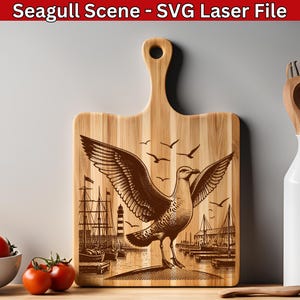 File laser SVG Gabbiano Uccello Gabbiano, Scena del porto SVG, File di incisione laser nautica del porto costiero, Incisione vettoriale per tagliere in legno Svg