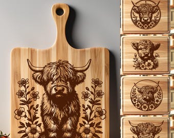 Highland Cow SVG Laser Files, Cutting Board SVG Laser Engraving Bundle, Charcuterie Board SVG, Floral Cow Vector file