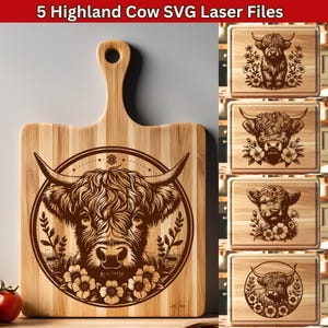 Laser cut files, Cutting board SVG, Laser engraving file, glowforge xtool, charcuterie board, cheese board svg, highland cow svg, baby cow vector file, highland cow design, floral cow laser, engrave file svg, svg bundle, kitchen decor svg