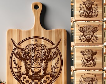 Highland Cow Laser Files SVG, Laser Engraving Bundle, Charcuterie Board Svg, Cutting Board Svg, Floral Baby Cow Kitchen SVG