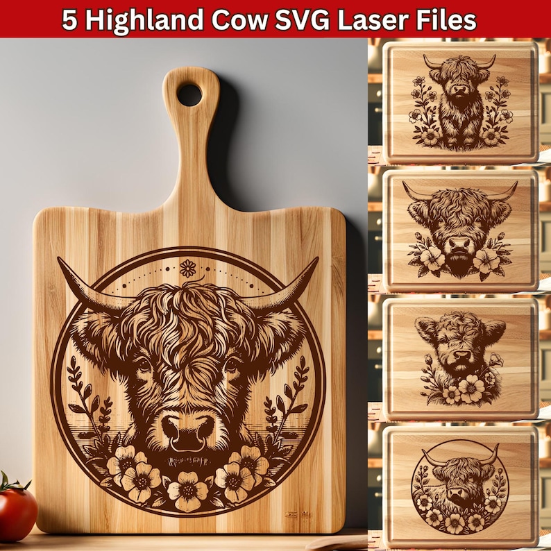 Laser cut files, Cutting board SVG, Laser engraving file, glowforge xtool, charcuterie board, cheese board svg, highland cow svg, baby cow vector file, highland cow design, floral cow laser, engrave file svg, svg bundle, kitchen decor svg