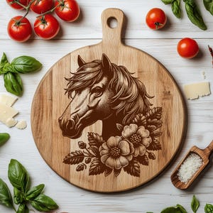 Horse with Flowers SVG File: Laser Engraving Design for Cutting Board