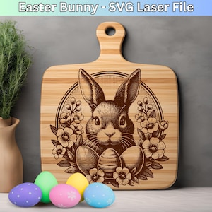 Osterhase SVG Laser-Dateien, Schneidebrett Gravur Design, Floral Kaninchen-Gesicht & Ostereier Vektor für Charcuterie Board