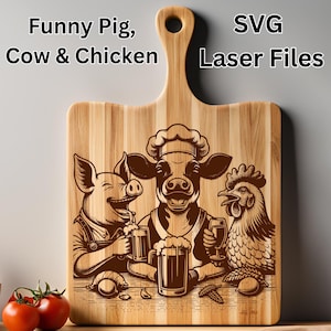 Funny SVG Laser Files Cow Chicken Pig, Wine & Beer Svg, Laughing Animals Laser Engraving, Engrave Vector for Wood Cutting Board SVG Design