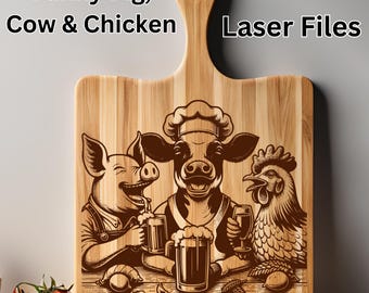 Funny SVG Laser Files Cow Chicken Pig, Wine & Beer Svg, Laughing Animals Laser Engraving, Engrave Vector for Wood Cutting Board SVG Design