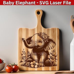 File di incisione laser SVG di un elefante, simpatico elefante Glowforge pronto per il laser, incisione laser vettoriale di un elefante per tagliere in legno SVG.