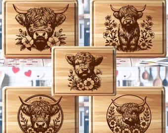 Cutting Board SVG, Highland Cow Laser Files for Charcuterie Board, Laser Engraving Bundle, Cute Floral Baby Cow SVG