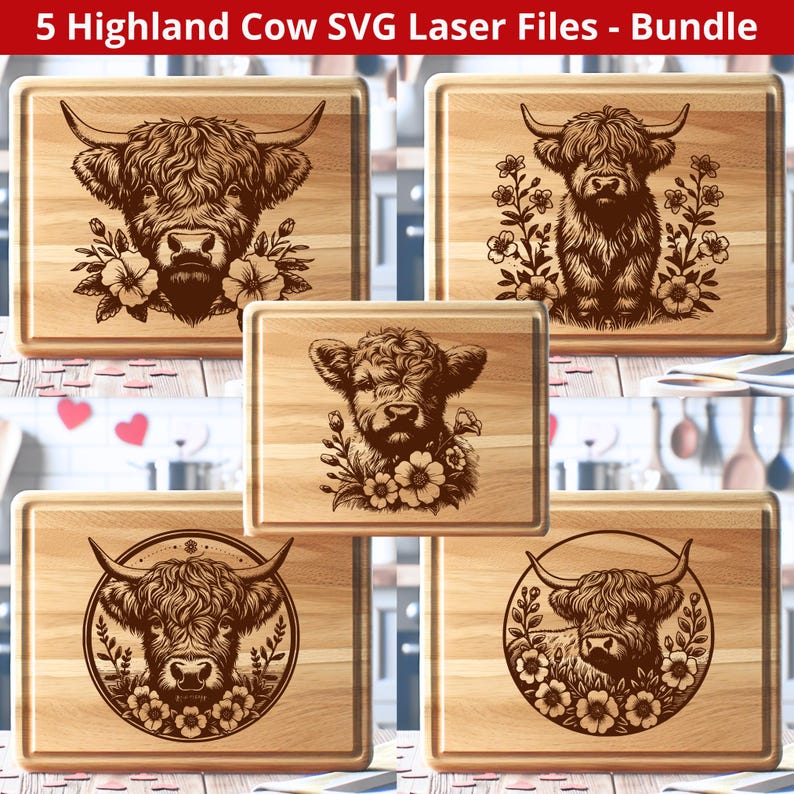 Laser cut files, Cutting board SVG, Laser engraving file, glowforge xtool, charcuterie board, cheese board svg, highland cow svg, baby cow vector file, highland cow design, floral cow laser, engrave file svg, svg bundle, kitchen decor svg