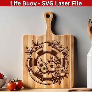 File laser nautico SVG con salvagente, file SVG con barca a vela con boa di salvataggio, file di incisione laser marittima, file vettoriale di incisione per tagliere in legno Svg