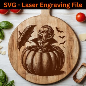 Archivo de grabado láser SVG de Halloween, archivo láser SVG de vampiro en calabaza, proyecto láser espeluznante, diseño SVG de tabla de cortar para decoración del hogar