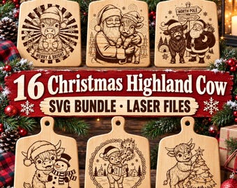Christmas SVG Bundle Highland Cow Laser Files : 16 Engraving Design for Cutting Board Gift