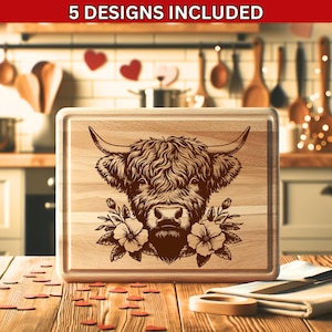 Laser cut files, Cutting board SVG, Laser engraving file, glowforge xtool, charcuterie board, cheese board svg, highland cow svg, baby cow vector file, highland cow design, floral cow laser, engrave file svg, svg bundle, kitchen decor svg
