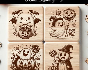 Halloween Ghost SVG Bundle Laser Engraving Files, 5 Cute Designs for Wood Charcuterie & Cutting Board