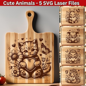 May include: Five laser-cut SVG files featuring cute animals holding hearts. The designs include a cat, a rabbit, an elephant, a lion, and a unicorn. Each animal is surrounded by flowers and hearts.